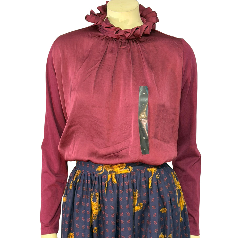 Banana Republic Sz M Dressy Blouse High Ruffle Neck Long Slvs Burgundy Satin New